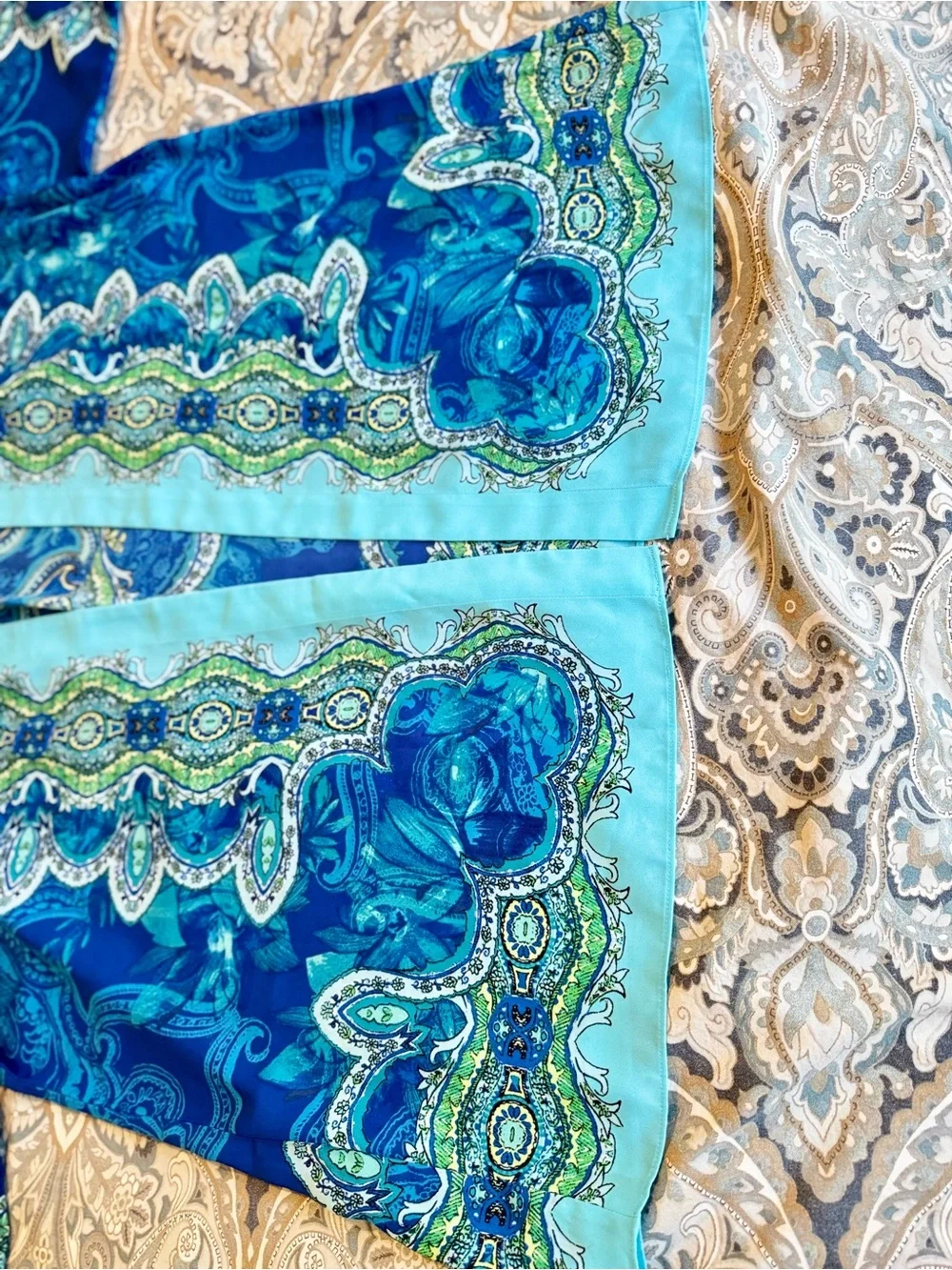 CHICO’S Silky Turquoise & Blue Paisley Medallion Open-Front Kimono Wrap Cardigan